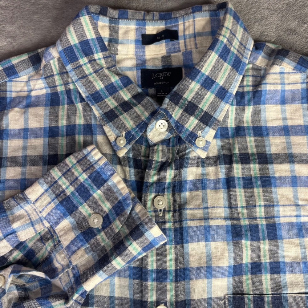 J.Crew shirt Mens L Blue Plaid Slim Fit Homespun Cotton C8198 Long Sleeve